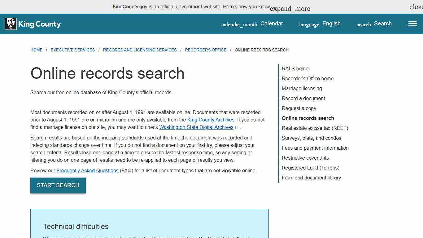 Online records search - King County, Washington